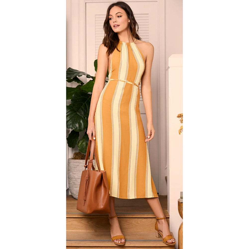 Faithfull the Brand Tuscany Yellow Striped Midi Dress Size 6